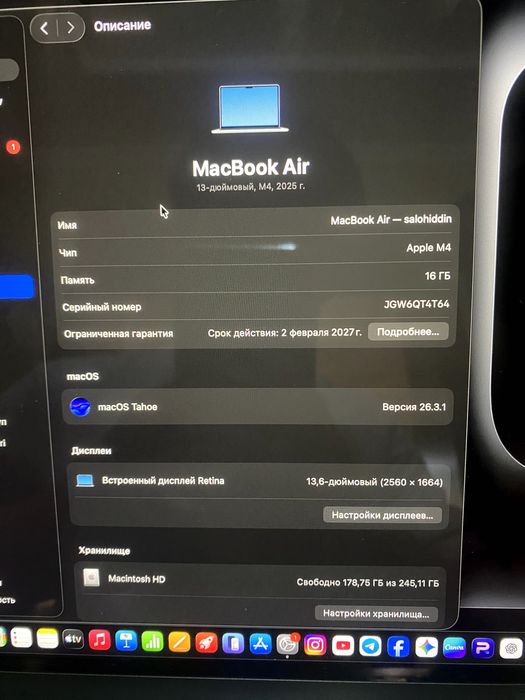 Macbook air m4 silver yengi 16/256 aybi yoq