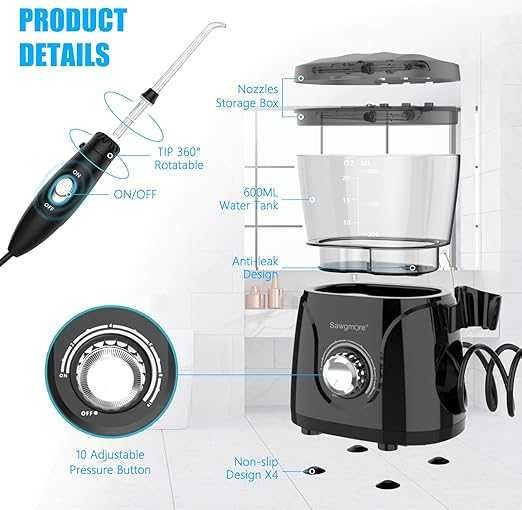 Зъбен душ Sawgmore 166-b, 8 приставки, 10 степени, 600 ml, черен