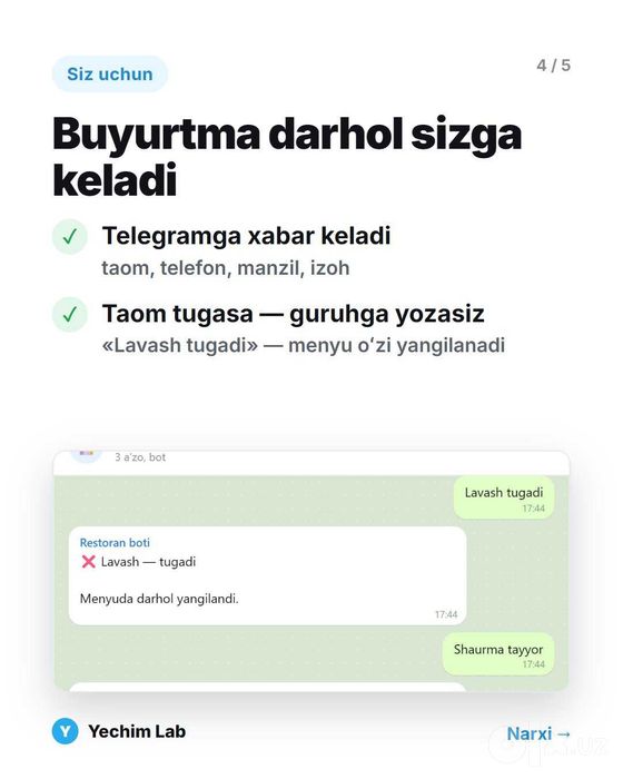 Restoran va doʻkon uchun Telegram bot + Mini App — 3 kunda tayyor