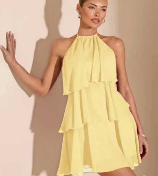 Жълта рокля с открит гръб S, M, L размер, ефирни пластове