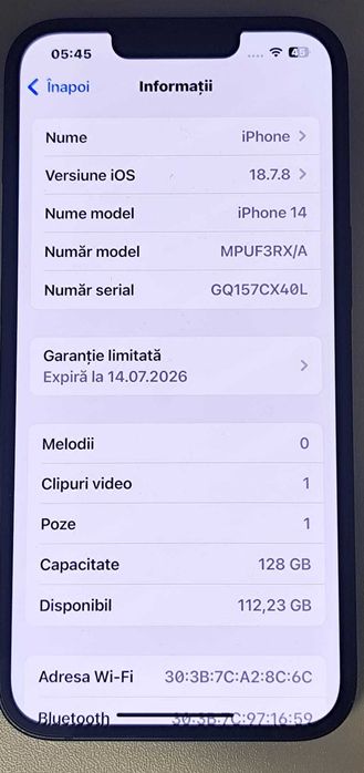 Telefon Apple iPhone 14     128Gb(AG35 B 35626) Garantie 2 ani !