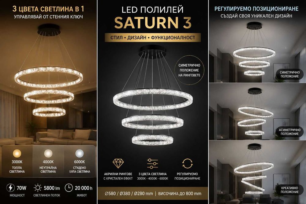 Стилни LED Полилеи пендели Saturn с 2 или 3 кристални ринга. Топ цени