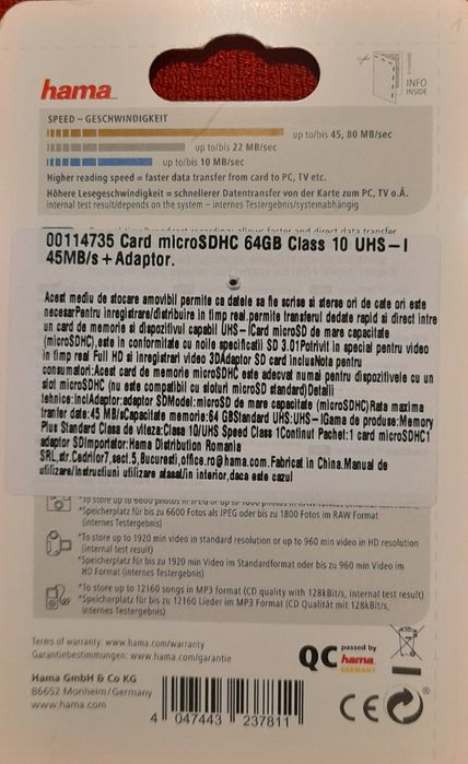 Card Micro SD Hama 64Gb