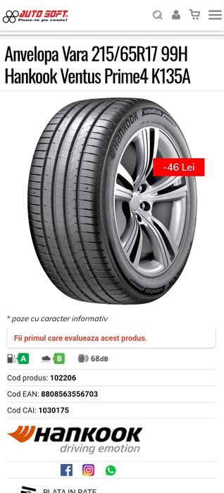 Set 4 Anvelope 215/65/R17 Hankook Ventus Prime4 vara noi noute