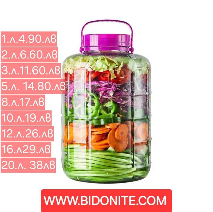 Стъклен буркан с пластмасова капачка и дръжка с канелка и без