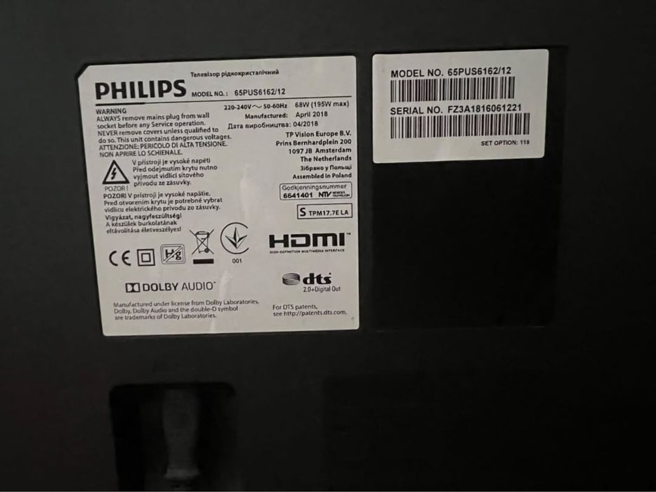 Philips 65” 4K UHD Smart TV, Ambilight