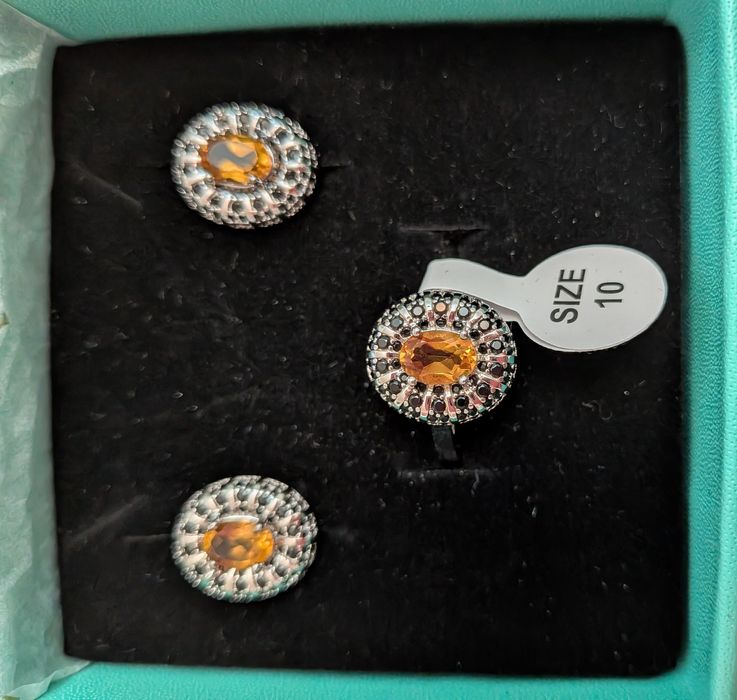 Сребърен комплект с естествен черен шпинел и цитрин