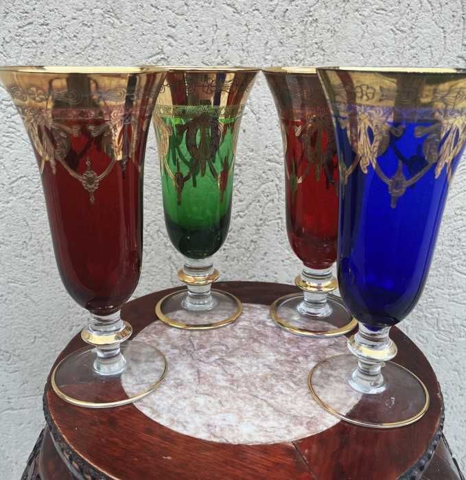 Arta italiana-set pahare pt sampanie-cristal premium-nuante vibrante-decoruri cu aur-Italia
