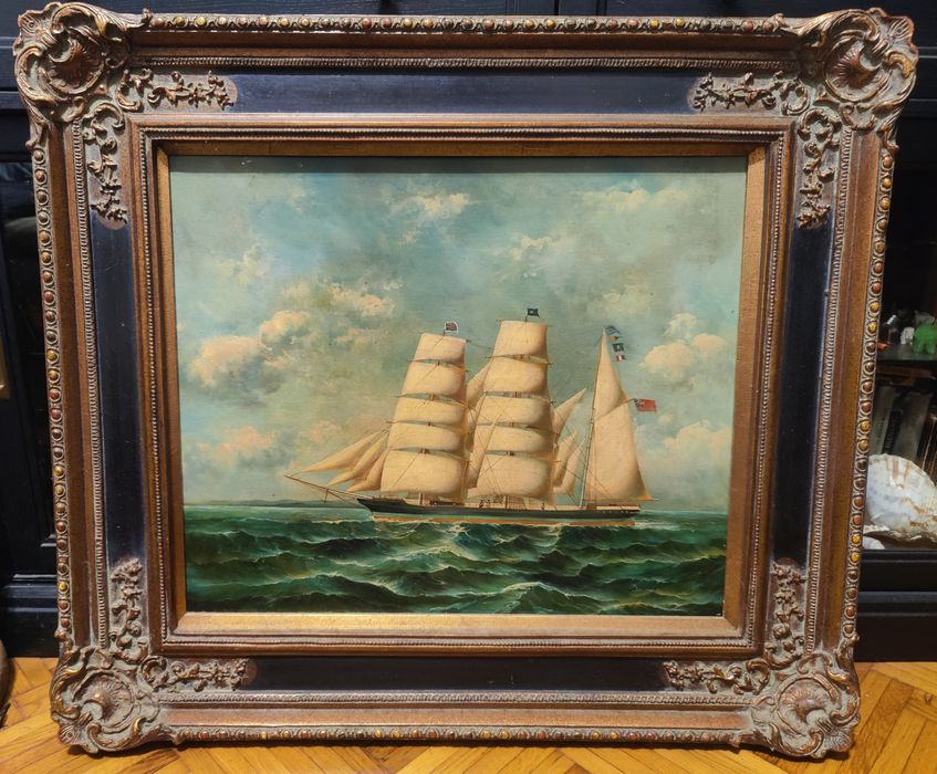 Peisaj marin cu velier 60x50 ulei pe panza