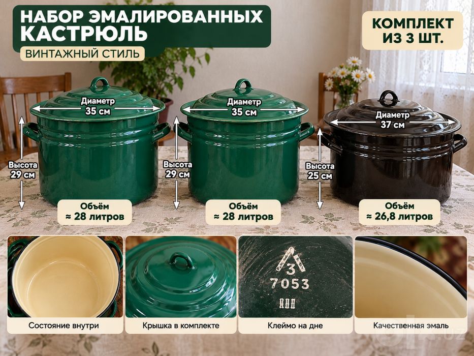 Набор из 3 больших эмалированных кастрюль с крышками