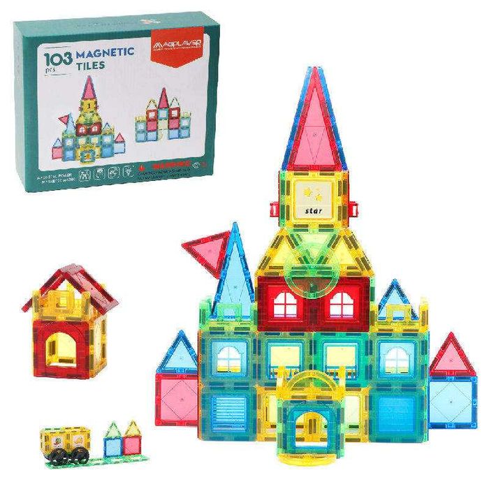Set de Constructie Magnetic Tiles 3D, jucarii educationale, 103 piese
