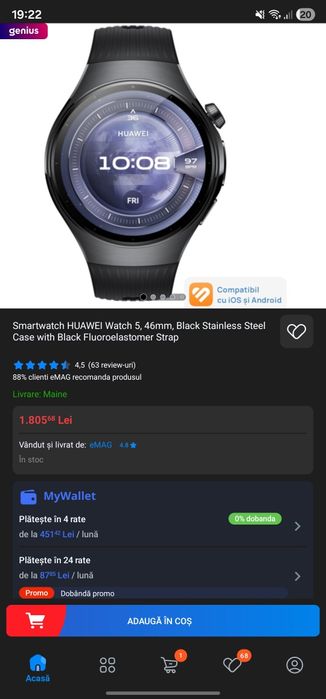 Vand ceas Huawei Watch 5 Negru LTE ESIM + curea din piels