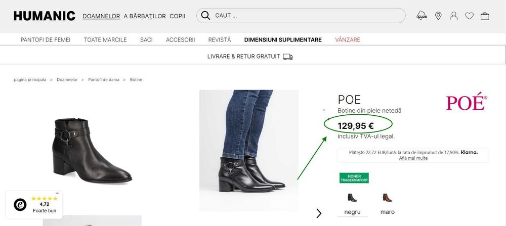 Botine dama din piele naturala netedă POE,(Super Oferta).