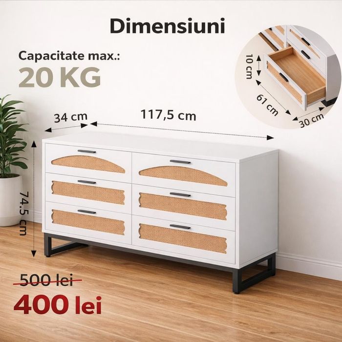 Comodă modernă cu ratan, 6 sertare, albă, stare excelentă – PREȚ MIC