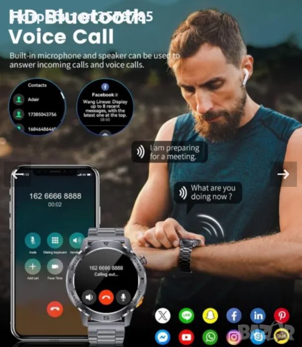 НОВ!Мъжки смарт часовник FOXBOX с функция за телефон, 460 mAh, 1,43 ин