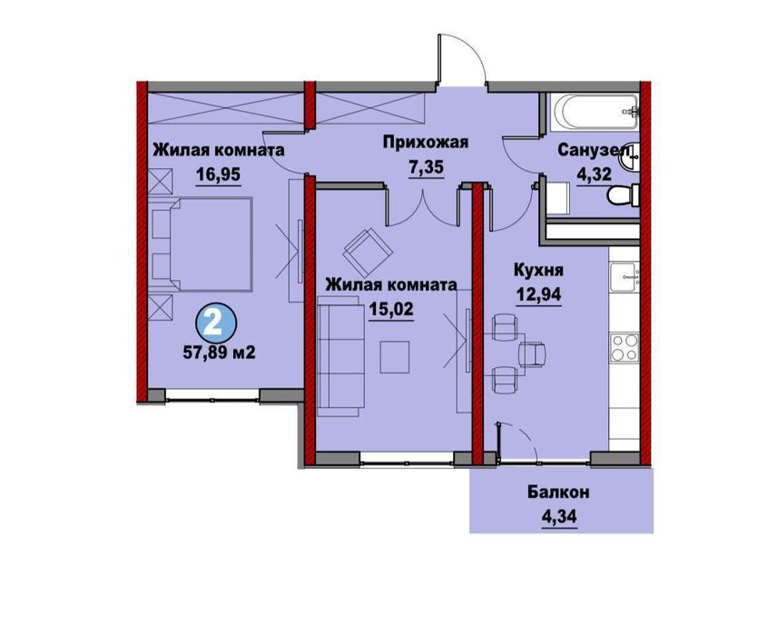 Коробка 2-комнаты 57,9 м²|Murad Building Soy Bo’yi| Новостройка