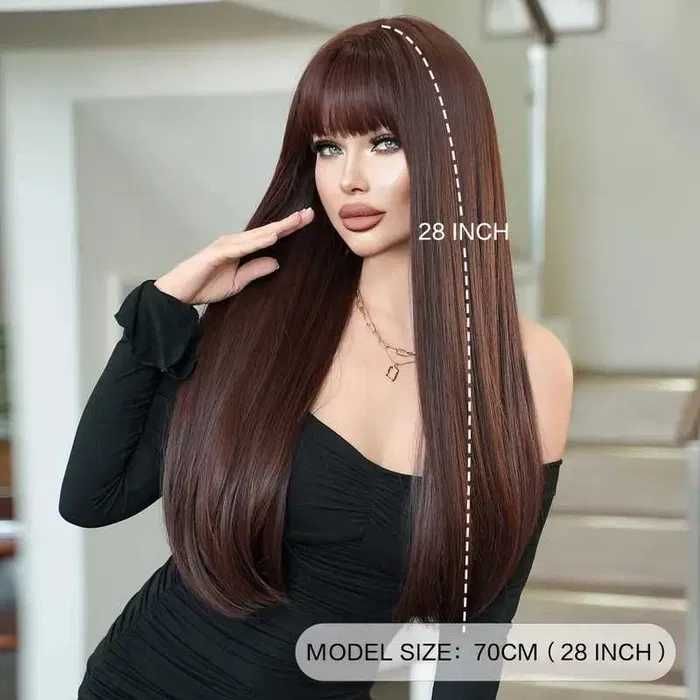 Дълга права тъмно кафява перука с бретон