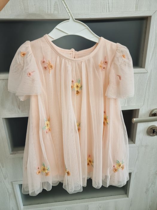 Rochita bebe primark roz piersica cu floricele, 74cm , 6-9luni