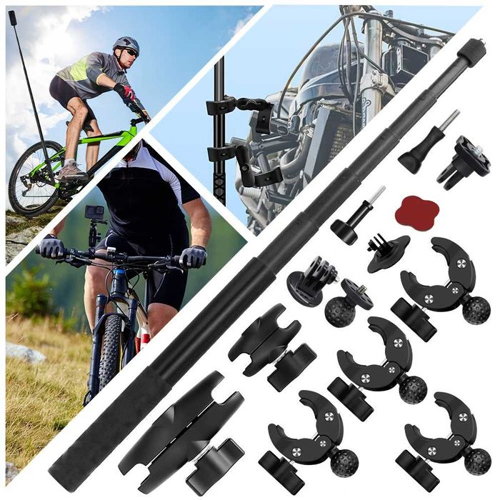 Set prindere moto: selfie stick + 2x clema dubla pt Insta360 GoPro DJI
