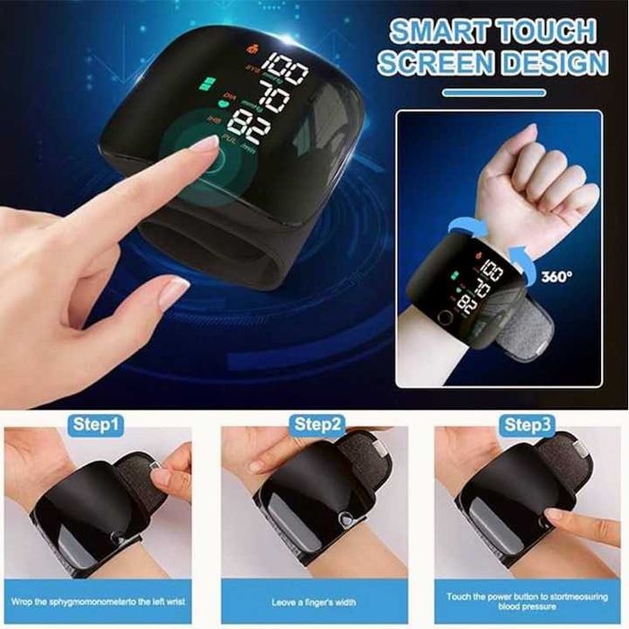 Топ цена! Нов дигитален апарат за измерване на кръвно налягане за китка Intelli System, LED сензорен екран, Памет за съхранение, Презареждаема батерия