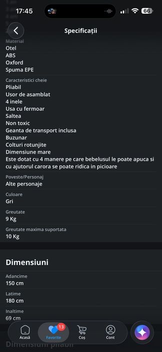 Țarc de joacă pentru bebeluși și copii Pitikot 180×150 cm și 69 cm înălțime
