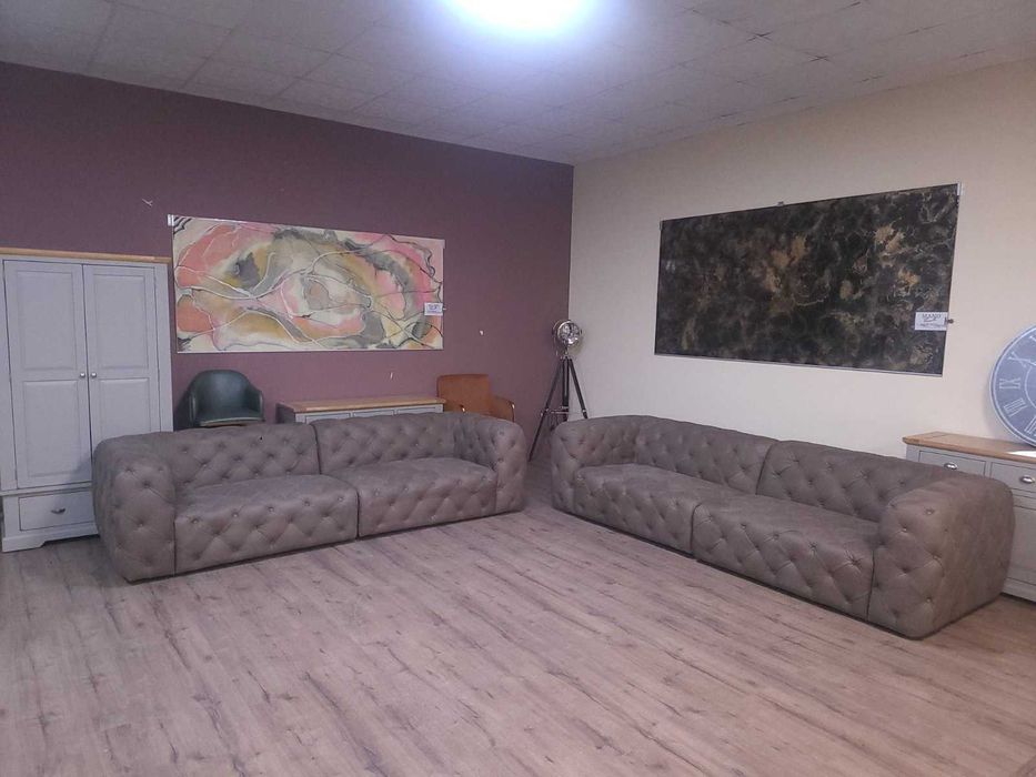 Дизайнерски кафяви кожени дивани две четворки Честърфийлд