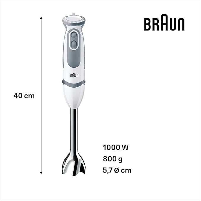 Ръчен блендер Braun MultiQuick 5 Vario MQ 5245WH – пюре с основа от неръждаема стомана, 1000 W, включва комплект от 4 аксесоара, бял/сив