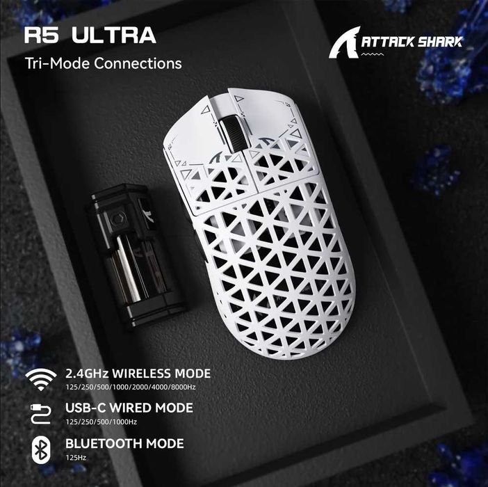 Геймърска мишка ATTACK SHARK R5 ULTRA Carbon Wireless-8K-PAW3950MAX