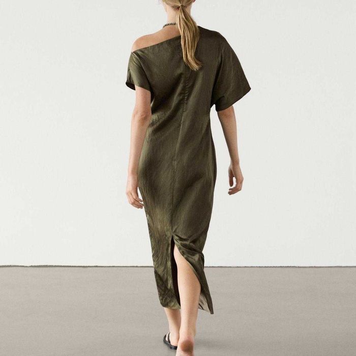 Massimo Dutti rochie midi asimetrica umar gol kaki verde superba