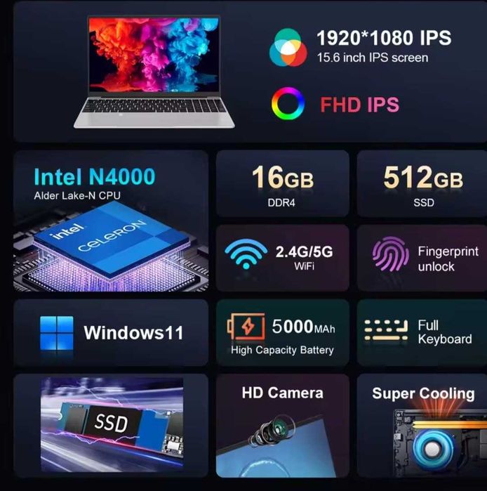 Laptop 15.6" HD, Intel Celeron N4000, 16GB RAM, max 2TB SSD