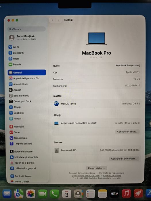 MacBook Pro M1 16 inch - baterie 88% - 16GB RAM - 512GB SSD