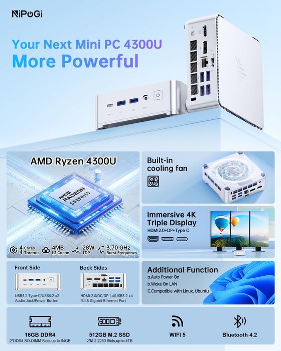 Mini PC NiPoGi P2 AMD Ryzen™ 3. RAM 16GB. 512GB SSD. Triple 4K display