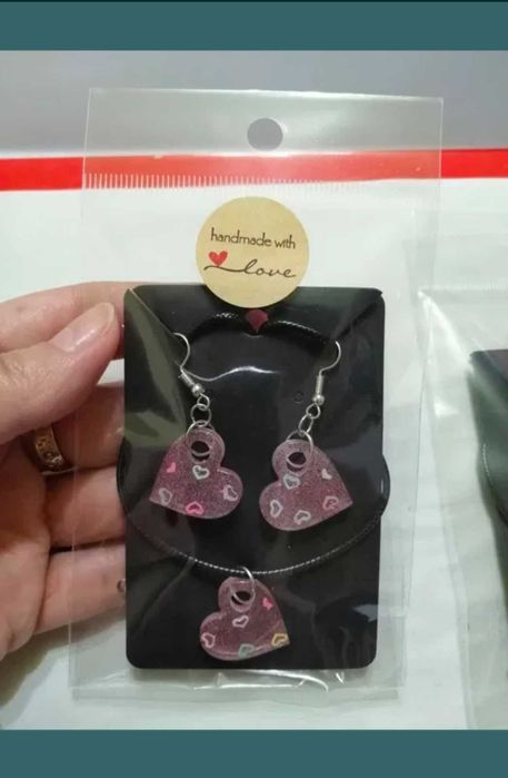 Set Colier + Cercei Love Glitter Hart, handmade, fashion, modele unice