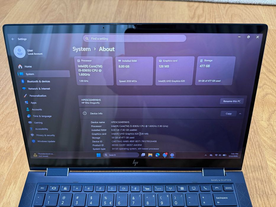 HP Elite Dragonfly, i5-8365U, 8GB RAM, 512GB SSD, Touchscreen