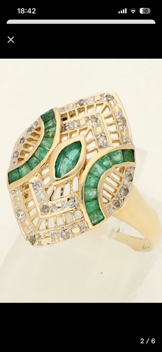 Inel aur galben 14 ct cu smaralde si diamante
