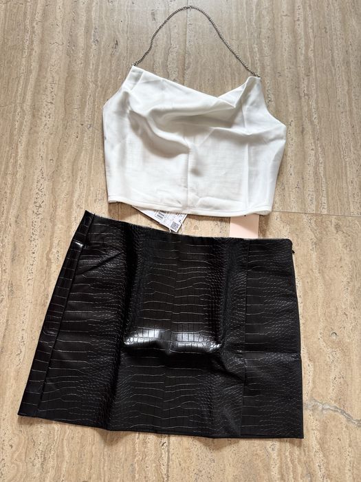 Дамски сет черна кожена пола Mango и бял сатенен топ