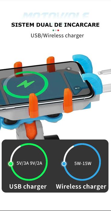 Suport Telefon Moto/atv antivibratii cu incarcare wireless si port Usb