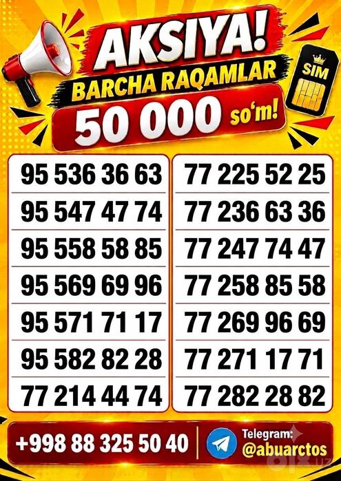 Chiroyli raqamlar 50 000 so’mdan! Aksiya  Dostavka xizmati bor.