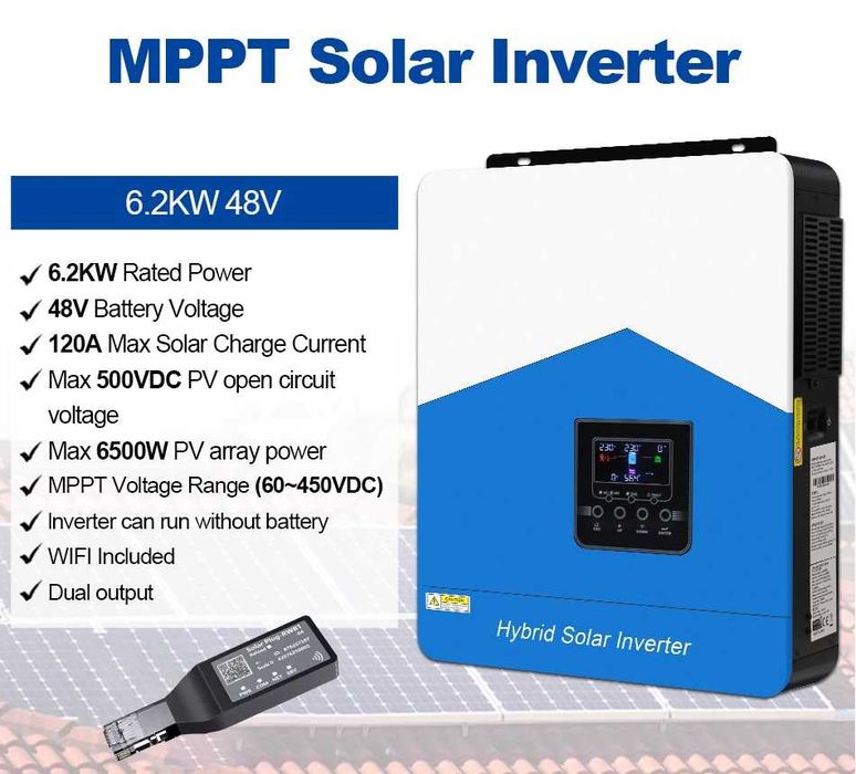 Wifi Хибриден Соларен Инвертор 6.2 KW + 120А МРРТ (48v-51.2v) каравни стационарни фургони