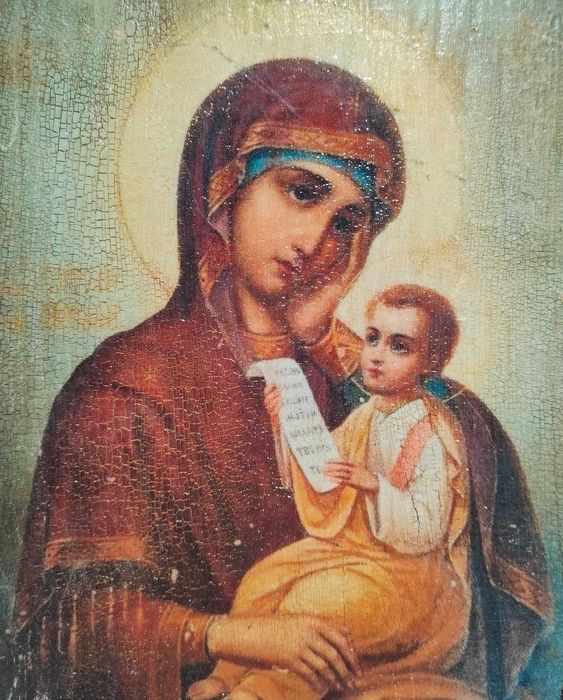 Icoană Maica Domnului „Ascultătoarea” pe lemn – lucrată manual, patină autentică