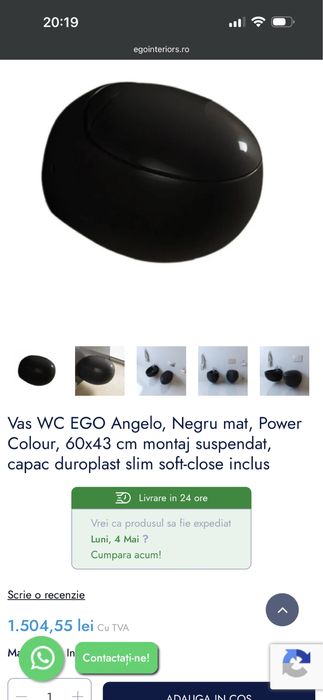 vas wc Ego Angeli negru lucios suspendat