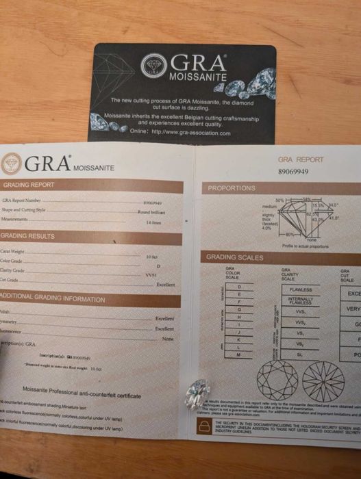 Диамант - мойсанит със сертификат 14 мм, 10 карата