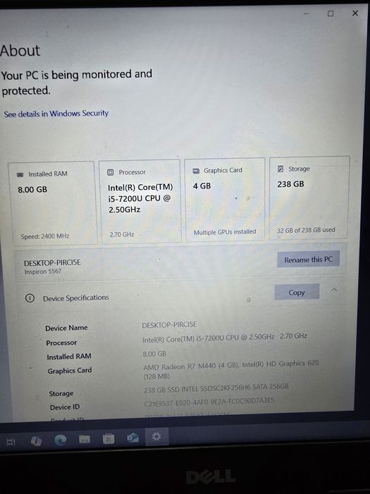 Laptop Dell Inspiron model P66F I5 gen 7 8 giga ram ssd 256