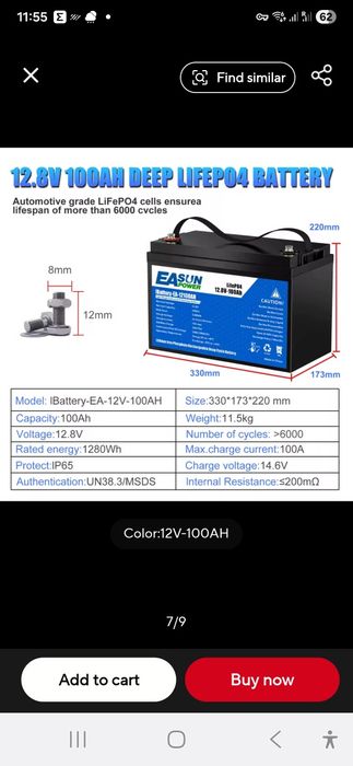 Easun 12V 100Ah Lithium Battery LiFePO4 Rechargeable 6000+ for RV Sola