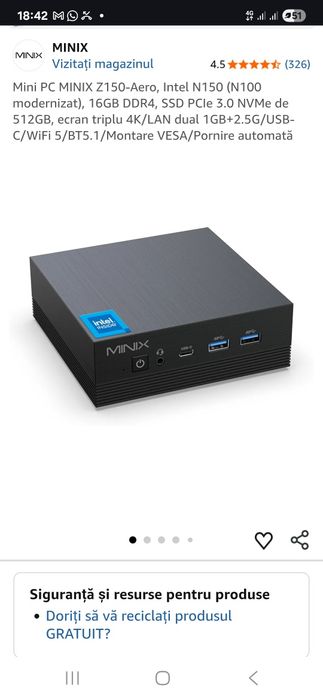 Mini PC MINIX Z150-Aero, Intel N150 (N100 modernizat), 16GB DDR4, SSD