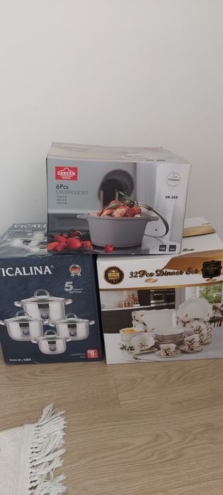 Набор посуды чайный 32 предметов. Набор кастрюлю 4 шт, Набор казанов 3