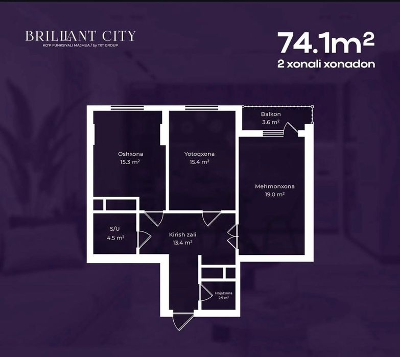 Briliant City Kvartira 74.1 Kv 16-этаж