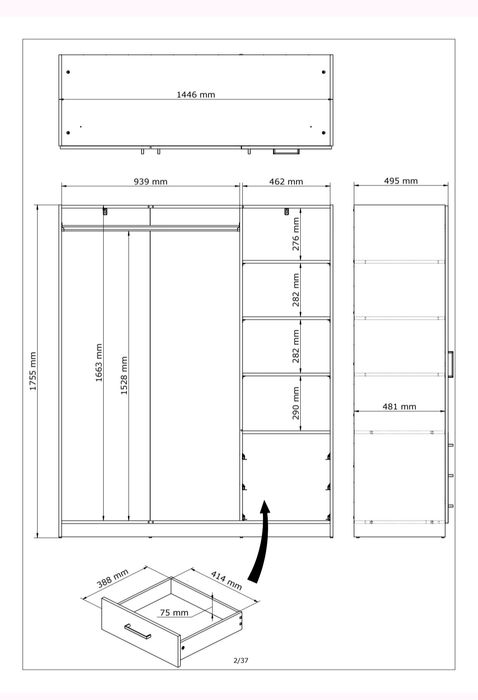 Dulap alb Jysk, 3 usi, 3 sertare, 4 rafturi. Dimeniuni 145x176 cm