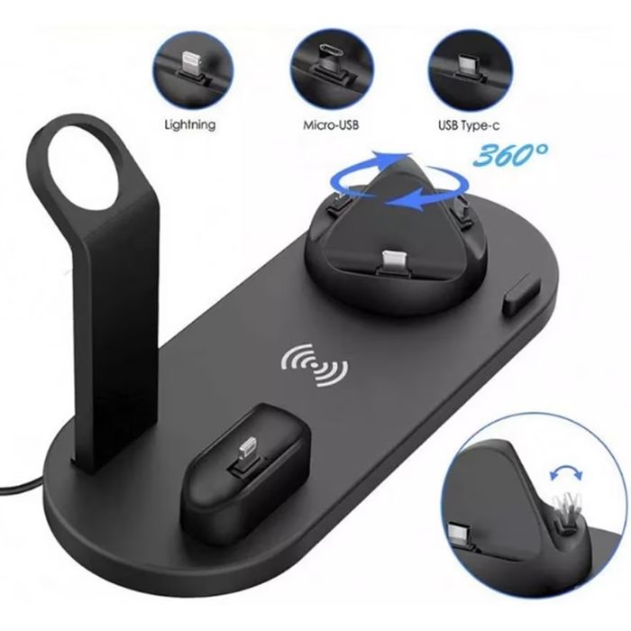 Statie de incărcare wireless 4 în 1, negru, 15 W, pentru telefon, ceas inteligent și căști.