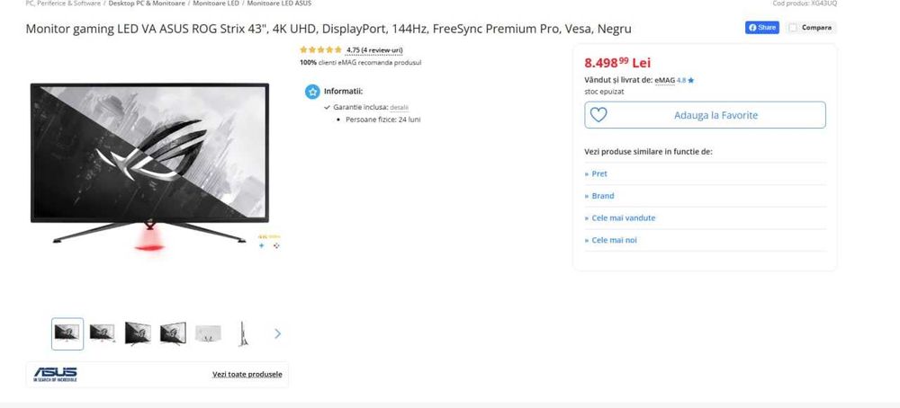 Monitor gaming LED VA ASUS ROG Strix 43" 4K 144hz